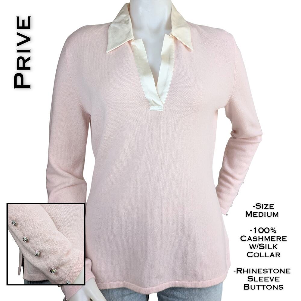 Prive 100% Cashmere Sweater Medium Blush Pink Silk Collar Rhinestone Buttons